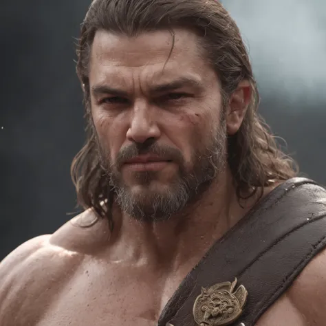 (Professional 3D rendering:1.3) de (Realistic:1.3) Foto de arte mais bonita do mundo，Features soft, bright male heroes, ((Epic hero fantasy rough muscular man wet hero angry look long hair short beard and fierce expression in dynamic pose, fantastic locati...