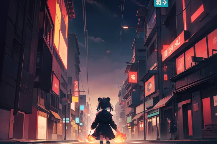 a little girl holding a little bear em chamas in the street em uma cidade cyberpunk com luzes de neon e chamas ao fundo, Vista lateral, with flames of fire in the sky and in the streets