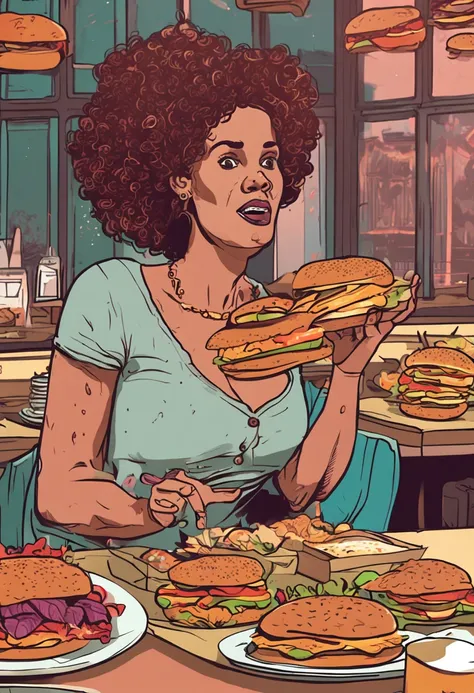 "Crie uma imagem que capture a realidade: uma mulher de 40 anos, com sobrepeso, sad expression, while trying to pick a salad amid a tempting selection of burgers, sorvete e pizza.""