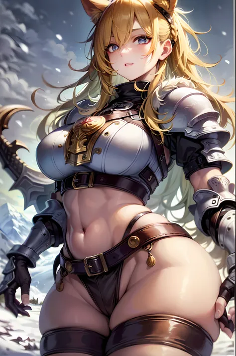 beautiful, (masterpiece:1.2), (best quality:1.2), perfect eyes, perfect face, perfect lighting, 1girl, mature female berserker, long blonde hair, braids, fur armor, breastplate, black ripped stockings, skindentation, fingerless gauntlets, narrow waist, wid...