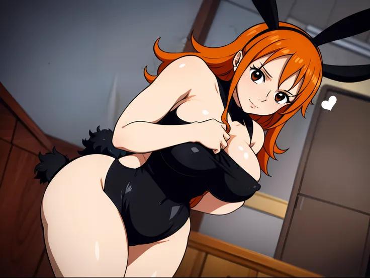 "Nami wearing a black bunny costume, showcasing orange hair, wide hips, thick thighs, and large bursting breasts." (NSFW)