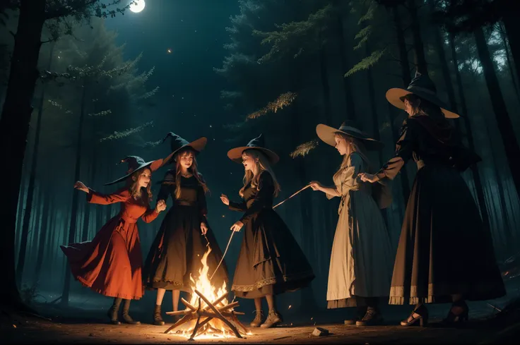 A group of witches dancing around a fire. They wear ponty hats and multilayered dresses in colourful but dark dresses. Dark magic foggy forest as background. Illuminated by fire, fireflies and moonlight. Dynamic scene. Photorealistic.