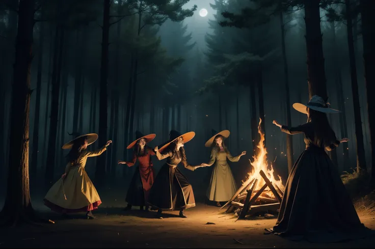 a group of witches dancing around a fire. they wear ponty hats and multilayered dresses in colourful but dark dresses. dark magi...