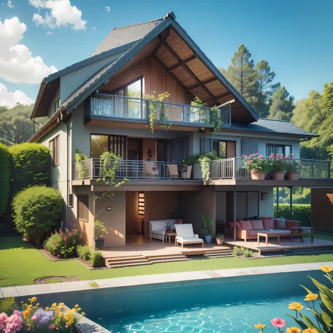 Electronic model, house, forest, flowers, pool, 4k --auto --s2