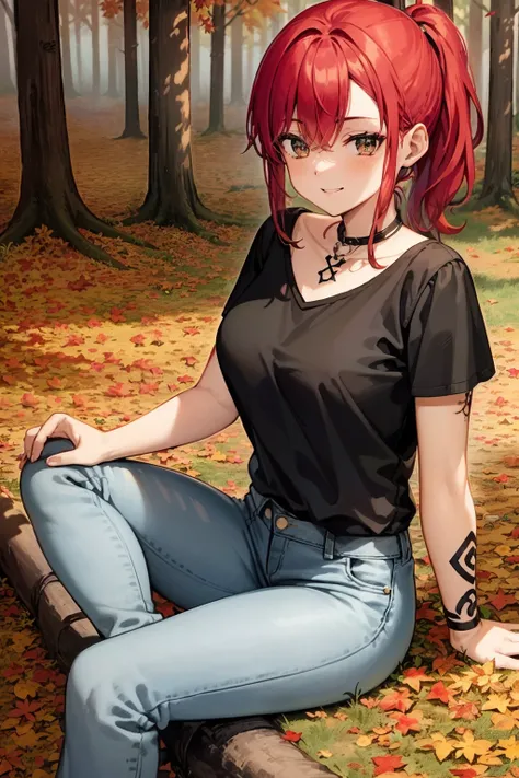 tarot card, young girl, red hair, tattoed  arm, wearing one black top, jeans pants, on a forest, autumn season, folhas secas,sitting on the floor, smiling, 4k