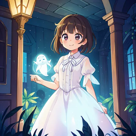 (best quality, high quality:1.3), CG, dramatic lighting, highly detailed, Bokeh, 10-year-old ghost girl named elize, translucent, wearing a long white dress, kind gaze and a slight smile on her face, hair short brown hairs, with palms together, thanking, h...