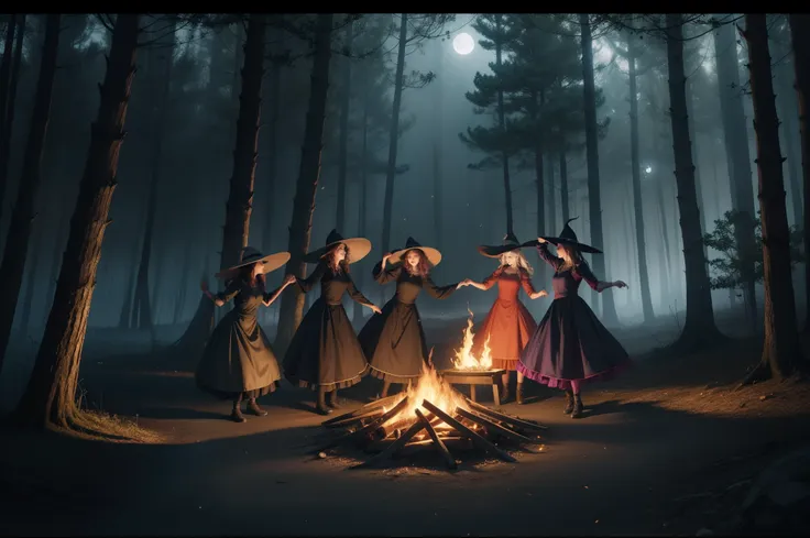 a group of witches dancing around a fire. they wear ponty hats and multilayered dresses in colourful but dark dresses. dark magi...