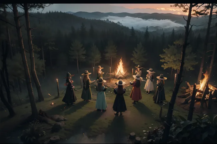 Bird eye view of a group of witches dancing around a camp fire. They wear ponty hats and multilayered dresses made in colourful but dark satin. Dark magic foggy forest as background. Illuminated by fire, fireflies and moonlight. Dynamic scene.