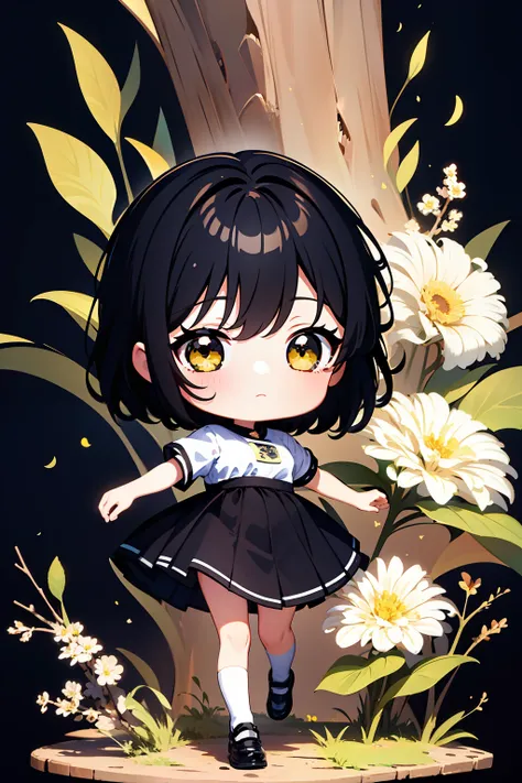 ((Best quality)), ((Masterpiece)),1 girl， animemanga girl，Q version characters，Infant body type，Very short in height，Black color hair，a black skirt，Holding flowers