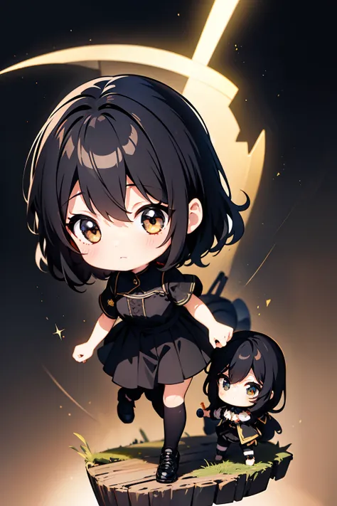 ((Best quality)), ((Masterpiece)),1 girl， animemanga girl，Q version characters，Infant body type，Very short in height，Black color hair，a black skirt，Play the violin