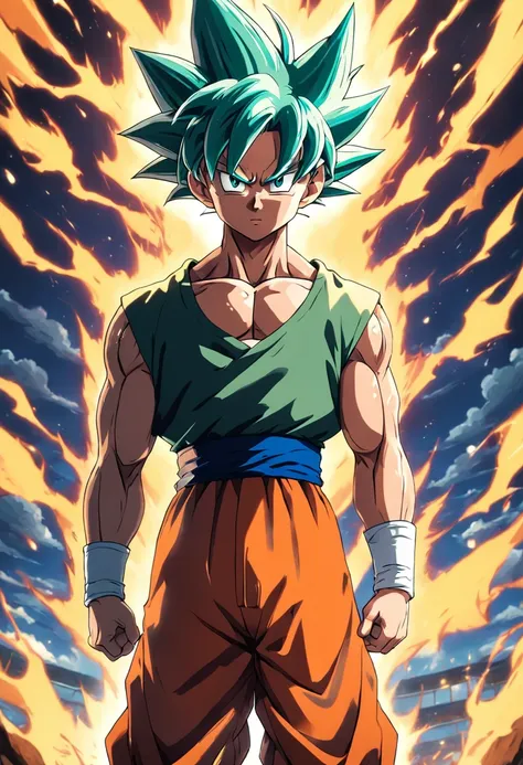 Goku, corpo inteiro, cabelos verdes, Sem camisa, estilo anime, hd, 16:9