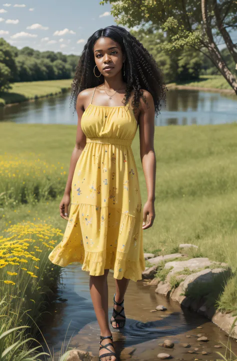 A full body image of a black woman with long curly hair standing next to a river in a field wearing a yellow sundress, in the style of photorealistic detailing, oshare kei, perfectly symmetrical eyes