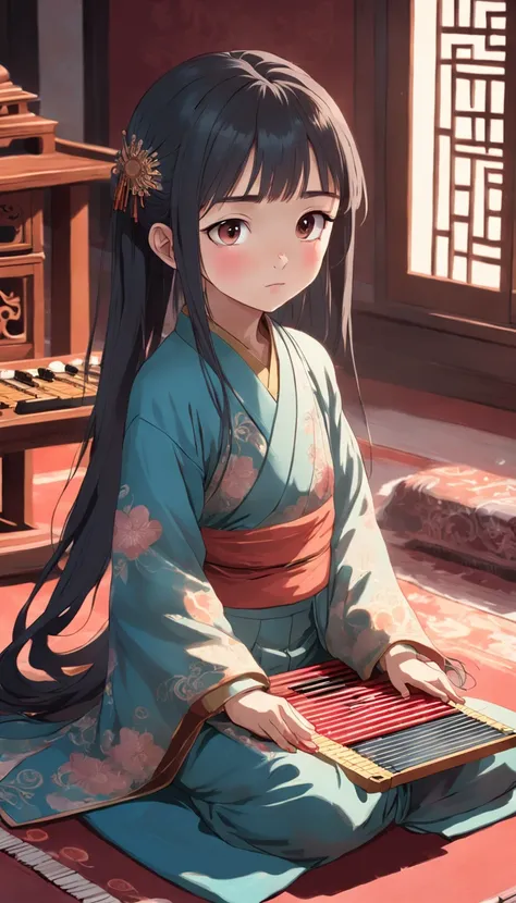 Full body, Very young girl sitting on carpet doing guzheng，Oriental face，with highly-detailed facial features and cartoon-style visuals。