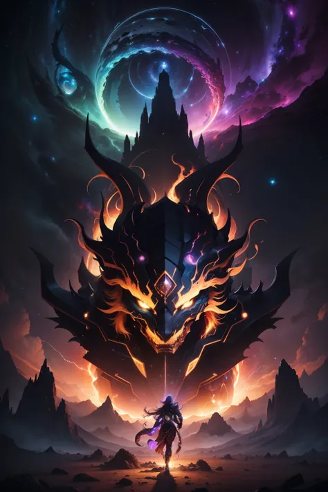 In a dimension where stars collide, the legendary Orochi serpent emerges as an embodiment of celestial fury. Its body is a symphony of radiant colors, mirroring the birth of stars. Its eyes blaze with cosmic fire, and tendrils of energy arc around its form...