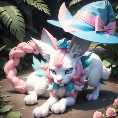 Silveon (((brilhar))) (Pokémon ) , floresta, cor azul e branco , detalhes rosas. Wearing a white witch hat with a pink bow