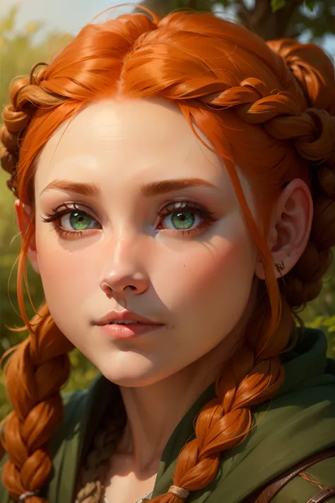 a female druid dwarf with orange hair tied in two braids, gentle green eyes, rosy cheeks, chubby