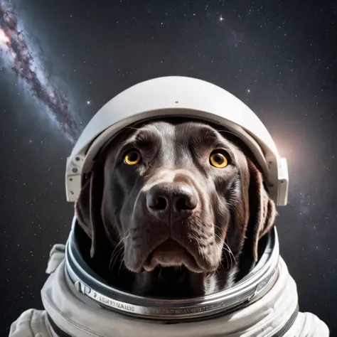 labrador retriever com roupa de astronauta: Represente um labrador retriever realista vestindo uma roupa de astronauta, com todos os detalhes da roupa, como capacete, spacesuit and insignia. Pay attention to the dogs details, como texturas do pelo, olhos, ...