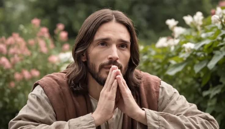 Jesus Christ praying looking up to the heavens prostrate in a garden