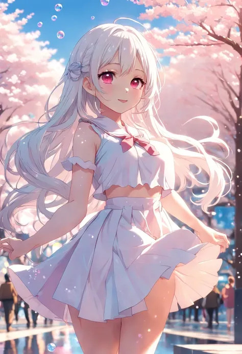 Beautiful Shibuya girl, Long waist-length white hair,Pink eye color, Snow white top,Snow-white pleated skirt,cheerfulness, ssmile,Make soap rainbow bubbles in the park with cherry blossom trees and fountains at sunset, Beautiful anime style girl all over, ...