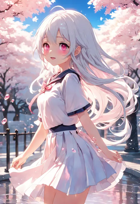 Beautiful Shibuya girl, Long waist-length white hair,Pink eye color, Snow white top,Snow-white pleated skirt,cheerfulness, ssmile,Make soap rainbow bubbles in the park with cherry blossom trees and fountains at sunset, Beautiful anime style girl all over, ...