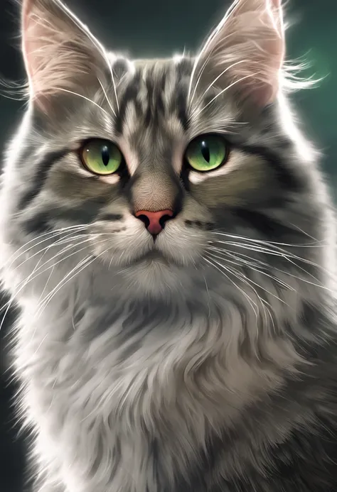 1gato, gato com pelagem preta, olhos verdes, Gato Anime, comportamento de ataque, ears back, fundo branco, arte digital detalhada bonito, Gato Anime Realista, Gato. Pintura digital, Pintura digital altamente detalhada, visual anime gato bonito, arte de ani...