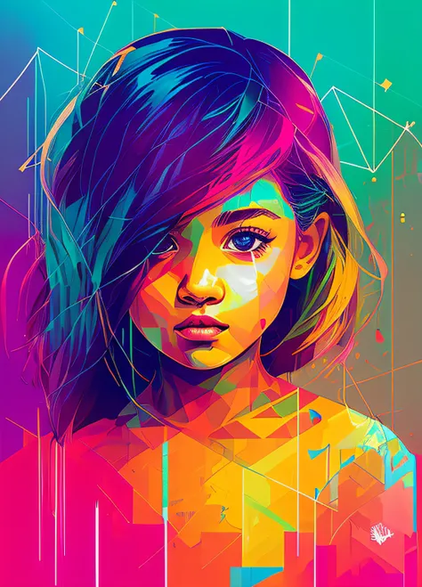 A painting of a beautiful child on a geometric background with squares and rectangles, Graffiti por Carne Griffiths, Behance, grafity, chromatic, Artwork, cores vibrantes