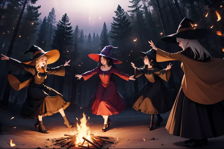 A group of witches dancing dynamically  around a camp fire. They wear ponty hats and multilayered dresses made in colourful but dark satin. Dark magic foggy forest as background. Illuminated by fire, fireflies and moonlight. Dynamic scene.