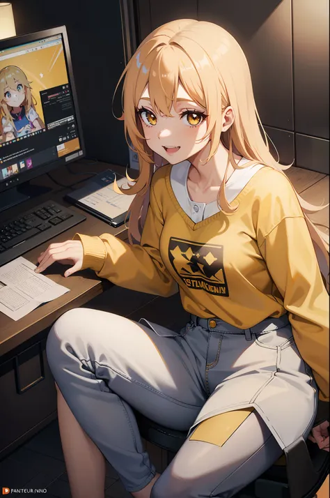 Chica de anime con suelto, long brown and yellow hair, smiling and looking at the camera, lleva una camisa, polo con estampas de estrellas,  pantalones cortos azules., auriculares, and youre using a microphone while sitting at his desk. Its pupils are star...