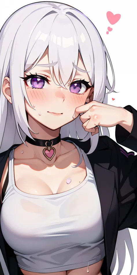 1girll,Heart-shaped pupils,finger nails,hand on own face,White hair,Purple eyes,(Blush:1.1),choker necklace,Upper body,Trembling,Sweat,drops of sweat,Heart,(speed-line:1.1),Medium breasts, ((rough breath:1.3)), Love, Heart, Crop top, cheerfulness, Smile