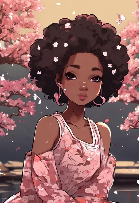 1 girl, black young teen with medium length afro textured hair, anime sakura background, high res, ultrasharp, 8k, masterpiece, looking at viewer, sitting, crossed eye, dark skinned, black top with hello kitty logo, high waisted beige pants, cute pose, che...