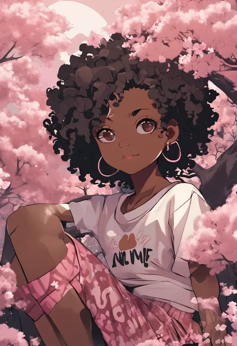 1 girl, black young teen with medium length afro textured hair, anime sakura background, high res, ultrasharp, 8k, masterpiece, looking at viewer, sitting, crossed eye, dark skinned, black top with hello kitty logo, high waisted beige pants, cute pose, che...