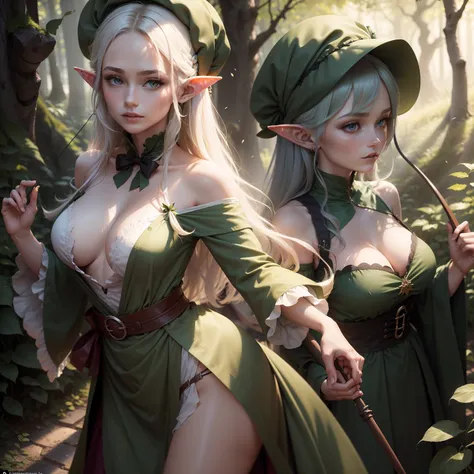 Im Hintergrund ist ein dichter Wald, a slender elf with small breasts, It has a long green foliage, Sie hat lange Haare und Elfenohren aus Spitze, gekämpftes Hair, lange unordentliche offene Haare, sie hat helle haut, ohr kleid ist tief ausgeschnitten, gre...