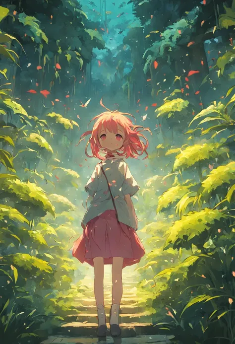 a girl in the middle of a garden with lots of plants