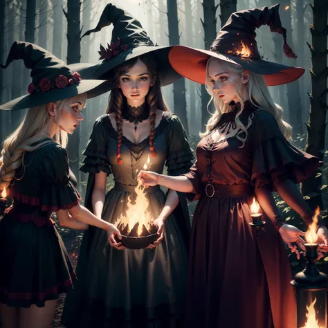 A group of witches dancing around a fire. They wear ponty hats and multilayered dresses in colourful but dark dresses. Dark magic foggy forest as background. Illuminated by fire, fireflies and moonlight. Dynamic scene. Photorealistic.