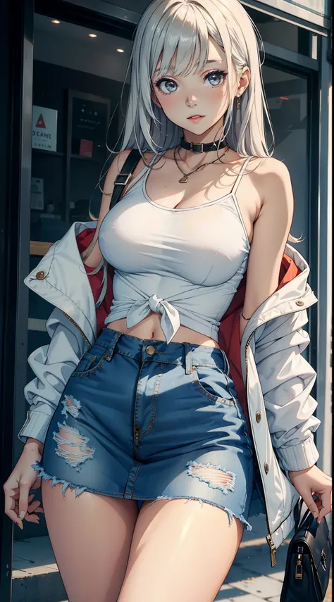 "Flirty expression, 1 Cute and attractive girl in a white loose shirt and  jacket tied at waist, wearing jeans short skirt. She has a nice body with slim thighs, showing half of her body up to mid-thigh level."