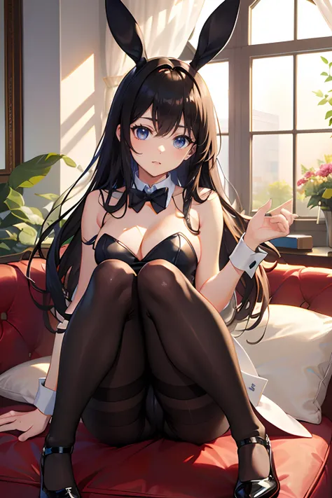 (masutepiece, ultra-quality: 1.2), Delicate eyes, neat features, Bunny Girl, sit, 
 (Black pantyhose: 1.4), pumps