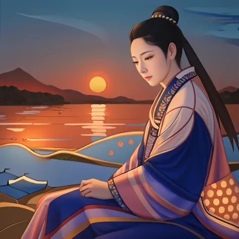 Painting of a woman sitting on a rock in front of a sunset, inspired by Itō Shinsui, Mulher japonesa, inspirado em Hishikawa Moronobu, japanese art style, Deusa japonesa, inspirado em Utagawa Kunisada III, inspirado em Utagawa Kunisada II, inspirado em Nis...