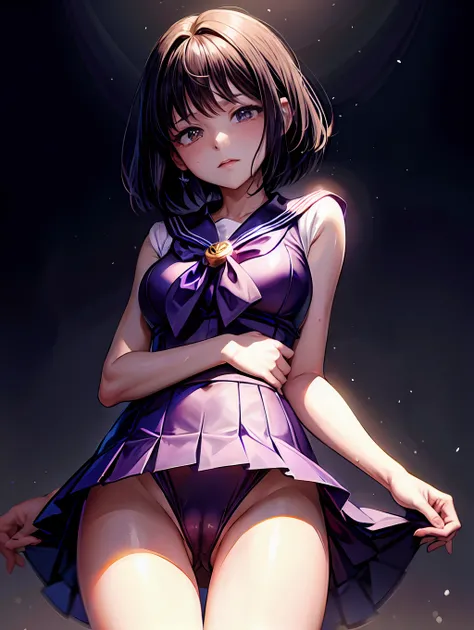 Sailor Saturn、Sailor Saturn Costume、embarrassed from、Turn around、full of sweat、Wearing sweat、full of sweat、 Thigh 1:5、cum in crotch、Eyes from below、