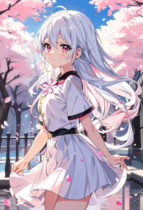 Anime girl with long white hair and pink eyes walking in rain, Girl with white hair, style of anime4 K, up of young anime girl, Anime art wallpaper 8 K, sakura petals around her, Beautiful anime girl, Perfect white haired girl, Anime art wallpaper 4k, Anim...