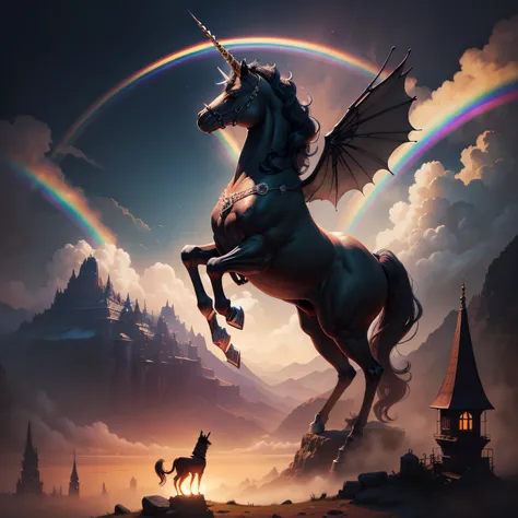 black unicorn with hero cat on it, flying in the sky with a massive rainbow in the background, high quality fantasy art, epic fantasy digital art style, amazing wallpaper, epic fantasy art style hd, fantasy art behance, fantasy art style, amazing fantasy a...