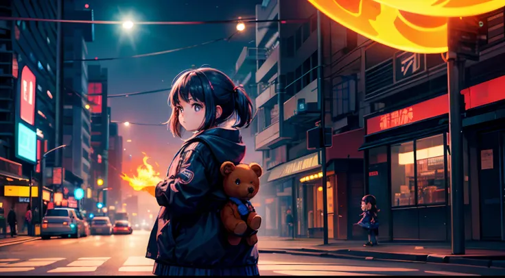 a little girl holding a little bear em chamas in the street em uma cidade cyberpunk com luzes de neon e chamas ao fundo, Vista lateral, with flames of fire in the sky and in the streets