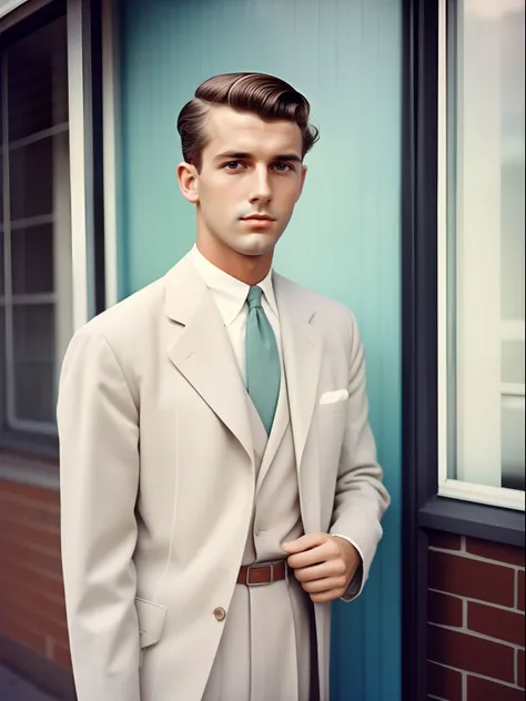 Portrait of a man, Wearing a pastel suit, The photo was taken with an analog camera in the 1950s. Person wearing traditional 50s style clothes々, Who has a traditional 50s haircut々, Photo by William Eggleston, Appearance of the 50s, Highly detailed, slightl...