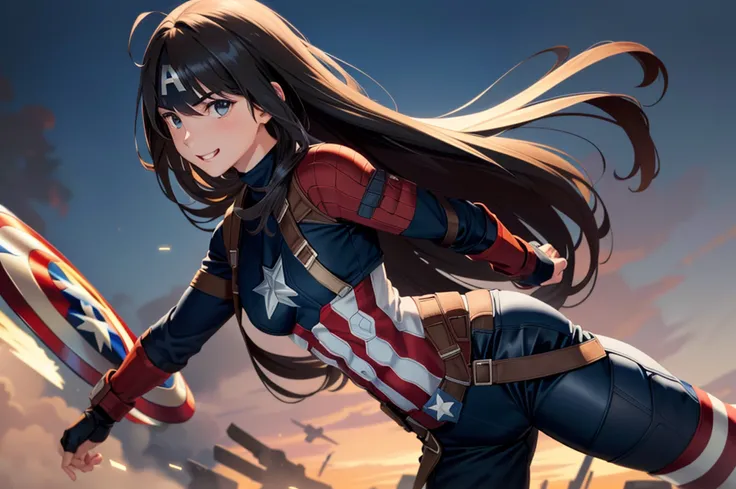 superhero landing,1girl, solo, very long hair, black eyes, smile, masterpiece, perfect anatomy, (Captain America costume:1.1), Moderate hips, Leather pants, Left hand clenched, The battlefield, cinematic lighting, 8k, best quality, anatomically correct, hi...