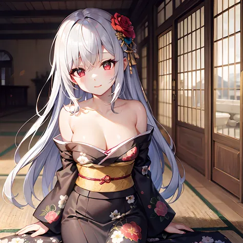 silber hair、red eyes、Beautiful girl alone、Floral kimono、Off-shoulder、Western-style castle