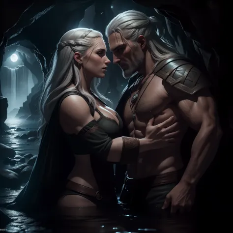 Ultra detailed 8k perfect faces, ((full entire body,)) shirtless witcher Geralt of riva kissing gorgeous yennefer with lust and passion  inside an illuminated cave the moonlight flooding in