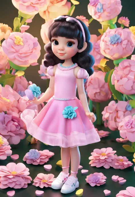 cute, disney, a baby girl, light skin, black eyes, short black curly hair, yellow pink and blue pastel color party dress with candy designs, white sneakers, portrait, 3D rendering, high quality, ( plain background), (perfect hands), (full body), female, 8k