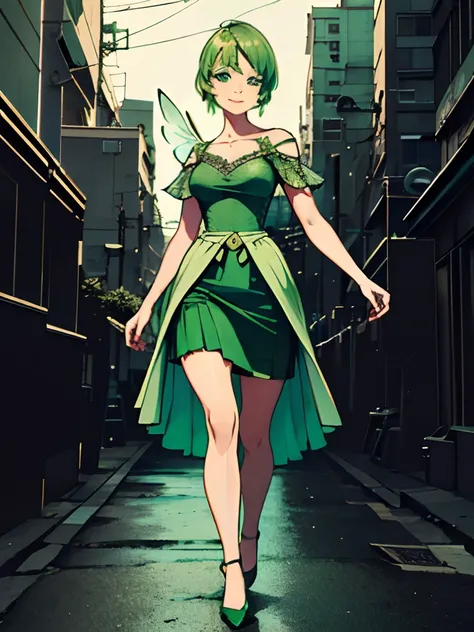 ((Best Quality)), ((Masterpiece)), ((Realistic)) 19 year old, redhead girl, shoulder length hair, relaxed happy face ((slender)) (busty), ((( light green fairy dress ))) (((tight skirt))) ((sexy )) cyberpunk attire, textured pixie haircut , 6 and a half he...