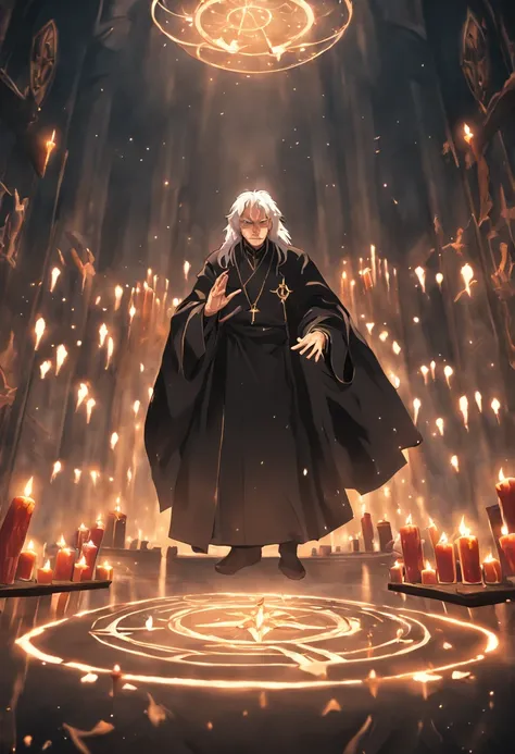 An elderly black-robed magician raised his hands, A circle of magic books was scattered on the ground, Magic books and candles are placed around, Seven mirrors at different angles directly above, Gloomy picture, visions, Depth of field, god light, filmgrai...