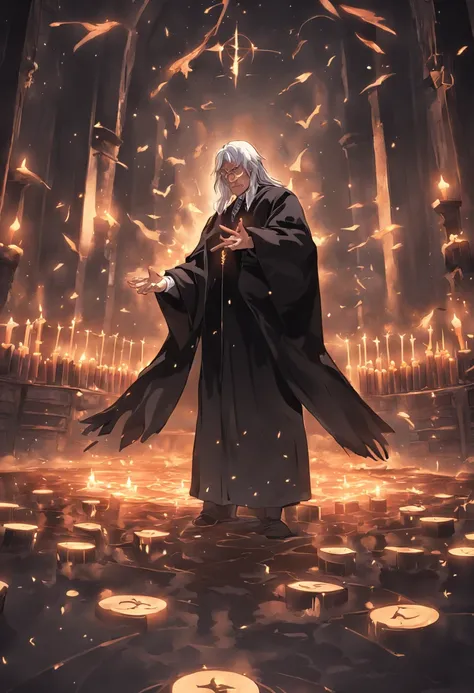 An elderly black-robed magician raised his hands, A circle of magic books was scattered on the ground, Magic books and candles are placed around, Seven mirrors at different angles directly above, Gloomy picture, visions, Depth of field, god light, filmgrai...