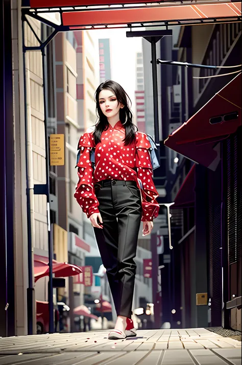 there is a woman walking on a platform with a red polka dot top, full shot fashion photography, mixed art, full body photogenic shot, polka dot, modeling shoot, fashion model, fashion model photography, stylish pose, modeling photography, fashion pose, wea...